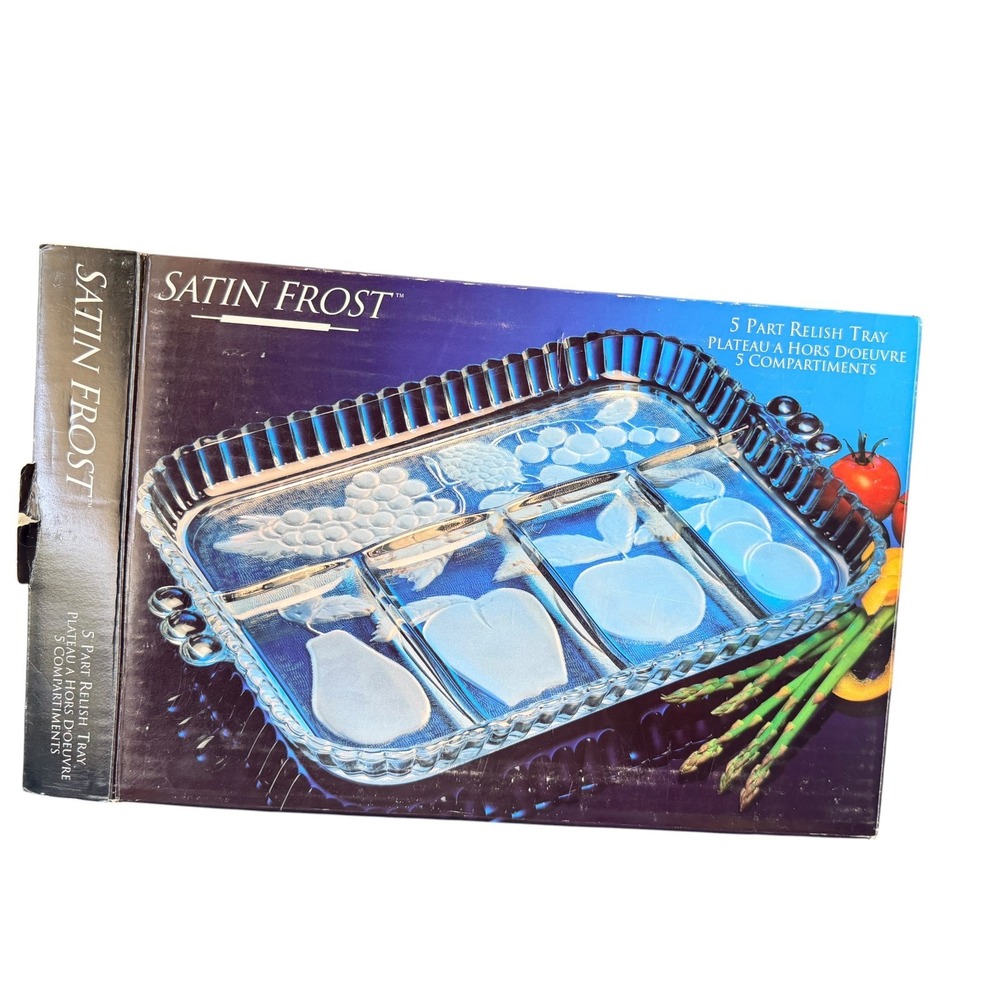 Satin Frost Relish Tray Glass 12x9 Clear Excellent 5 Compartment Fruit Embossed
